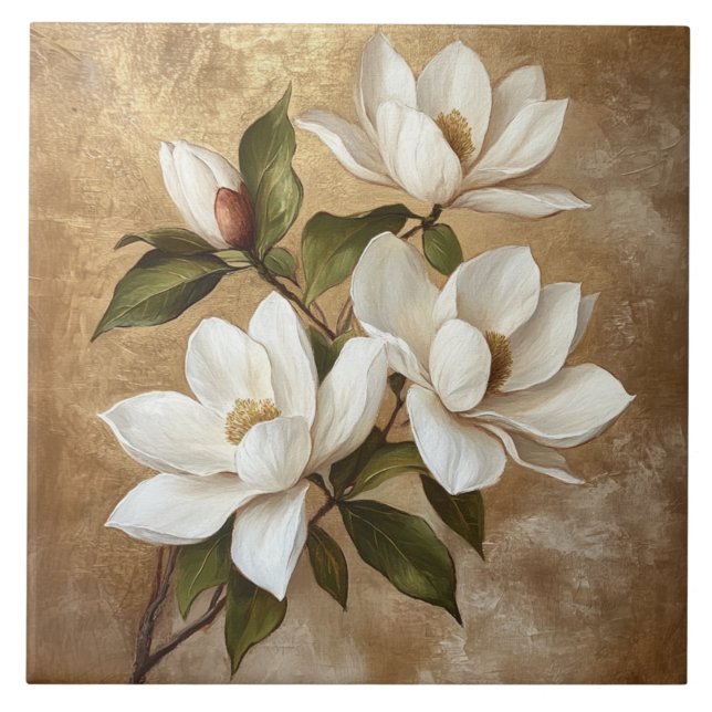 White Magnolias on Gold Background Ceramic Tile (Front)