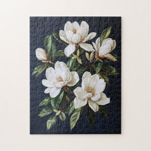 White Magnolias on Navy Blue Jigsaw Puzzle