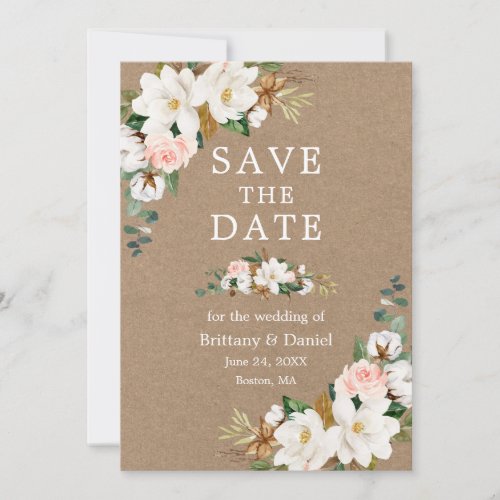 White Magnolias Pink Roses Watercolor Floral Kraft Save The Date