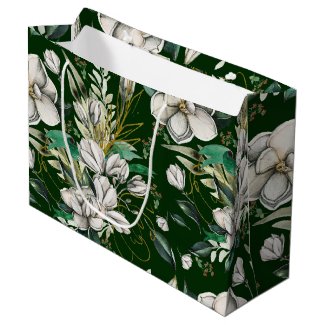 White Magnolias Red Berries Green Large Gift Bag