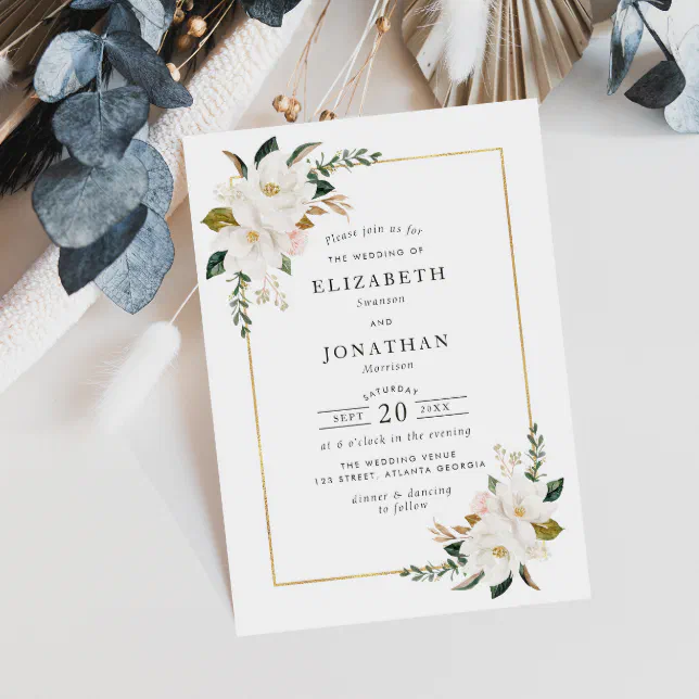 white magnolias wedding invitation | Zazzle