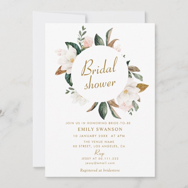 white magnolias wreath bridal shower invitation (Front)