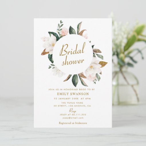 white magnolias wreath bridal shower invitation Zazzle