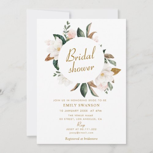 white magnolias wreath bridal shower invitation