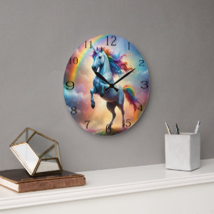 White Majestic Unicorn With Rainbow Sparkle, Large Clock