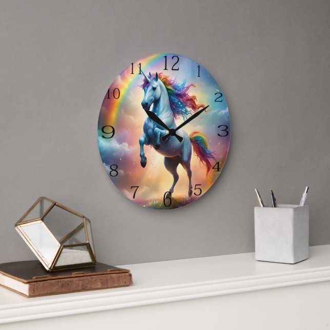 White Majestic Unicorn With Rainbow Sparkle, Large Clock (Office)