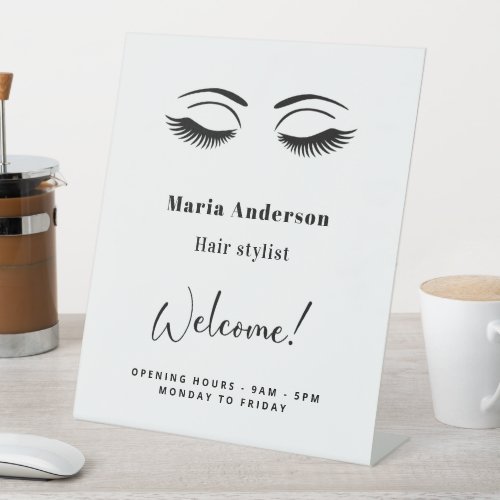 White makeup artist opening hours welcome pedestal sign