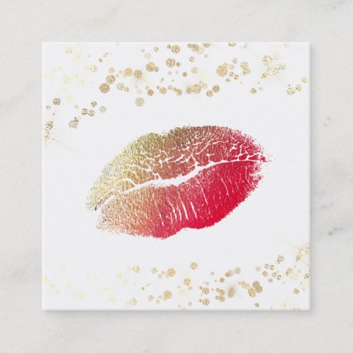  White Makeup Red Lips Gold Confetti Square Business Card