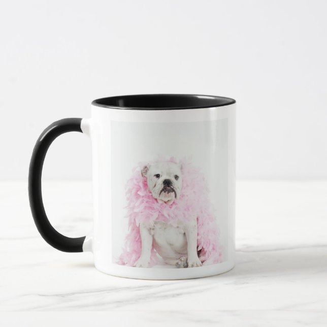 White male dog with pink boa mug (Left)