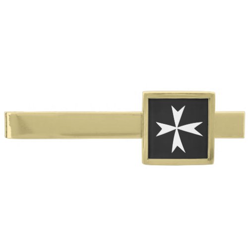 White Maltese Cross  Malta flag symbol  knights Gold Finish Tie Bar