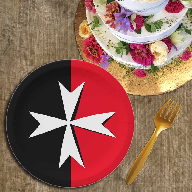 White Maltese Cross & Malta flag symbol / knights Paper Plates (Creator Uploaded)