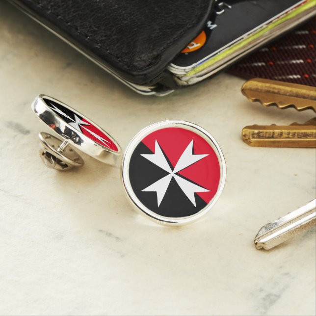 White Maltese Cross, St. John, Malta flag /knights Lapel Pin (In Situ)