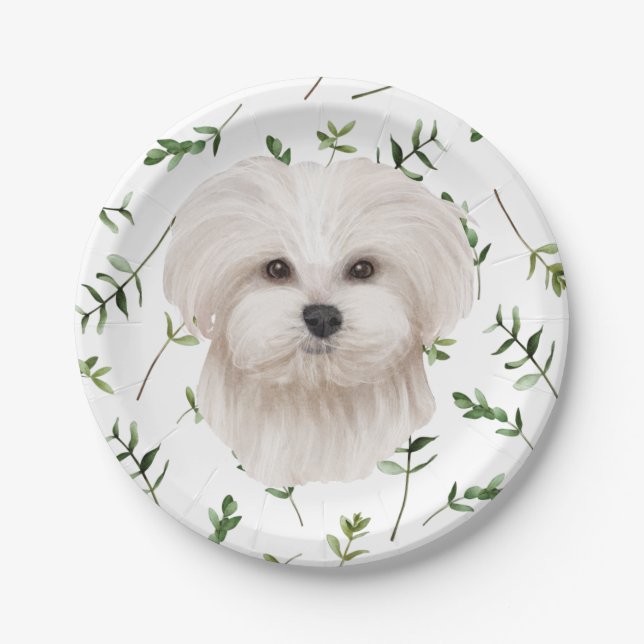 White Maltese Dog Greenery Boho Baby Shower Paper Plates (Front)