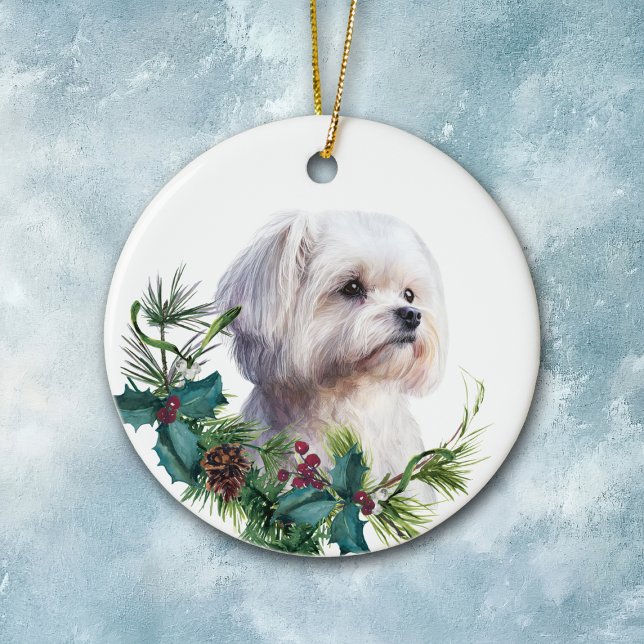 White Maltese Dog Portrait Holly Wreath Ceramic Ornament (Creator Uploaded)