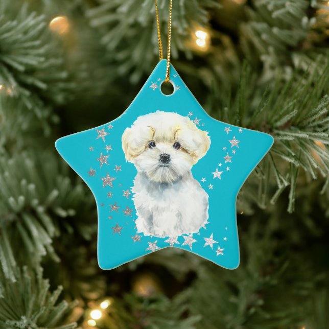 White Maltese Dog Silver Stars Teal Christmas Ceramic Ornament (Tree)