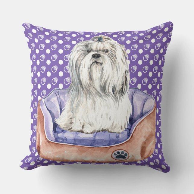 WHITE MALTESE DOG SITTING IN PURPLE DOG BED THROW PILLOW (Front)