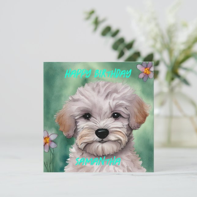 White Maltese Puppy mottled green Happy Birthday Holiday Card (Standing Front)