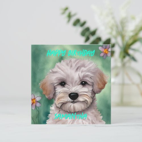 White Maltese Puppy mottled green Happy Birthday Holiday Card