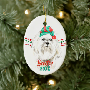 White Maltese Santa Hat Holiday String Beads Ceramic Ornament