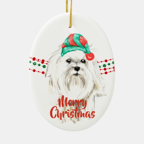 White Maltese Santa Hat Holiday String Beads Ceramic Ornament