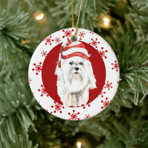 White Maltese Santa Hat Red Snowflake Ceramic Ornament
