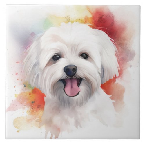 White Maltese Watercolor dog pet Ceramic Tile
