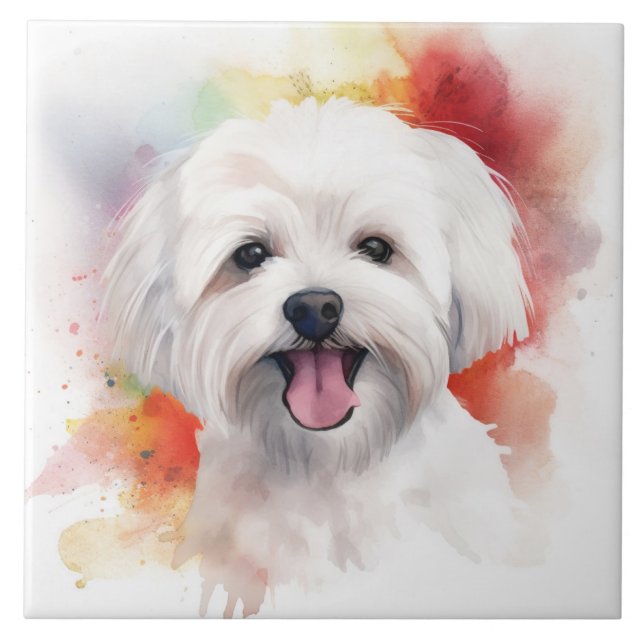 White Maltese Watercolor dog pet Ceramic Tile (Front)