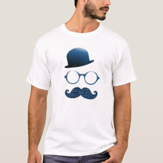 White man shirt hat glasses and mustache