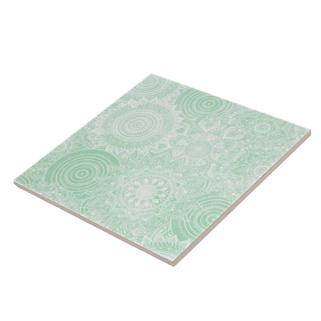 White Mandala Collection Green Design Ceramic Tile (Side)