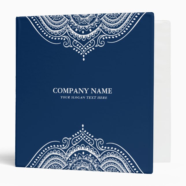 White Mandala Lace on Blue, Custom White Text 3 Ring Binder (Front/Inside)