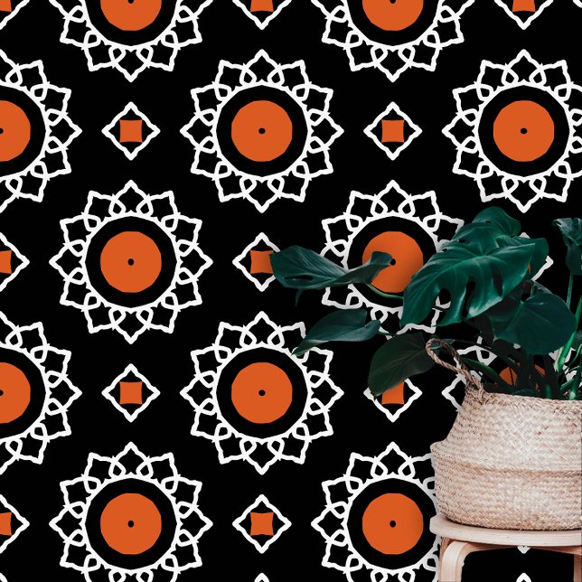 White Mandala-like Motifs Orange Circles on Black Wallpaper (Creator Uploaded)