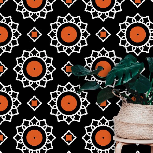 White Mandala-like Motifs Orange Circles on Black