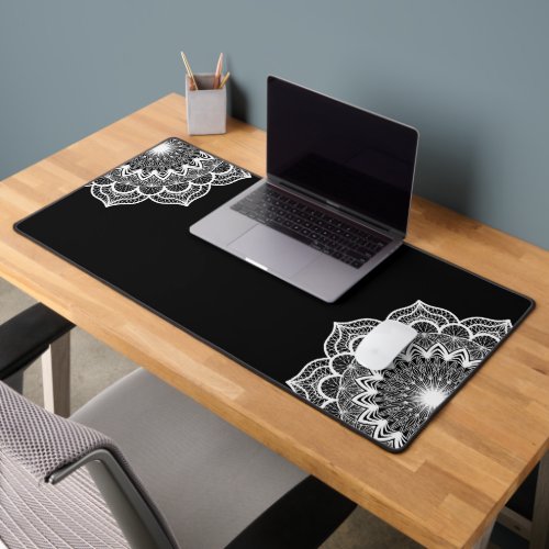 White Mandala on Black Background Desk Mat