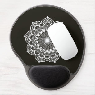White Mandala on Black Background Gel Mouse Pad