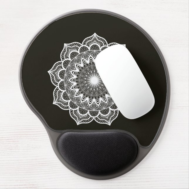 White Mandala on Black Background Gel Mouse Pad (Left Side)