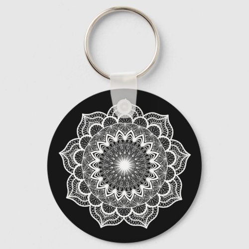 White Mandala on Black Background Keychain