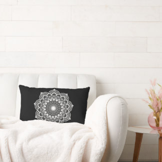 White Mandala on Black Background Lumbar Pillow