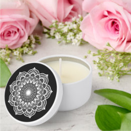 White Mandala on Black Background Mini Candle Favors