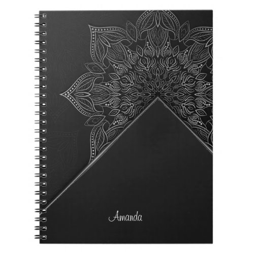 White mandala on black background  notebook