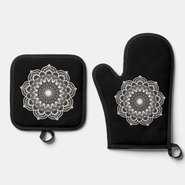 White Mandala on Black Background Oven Mitt & Pot Holder Set (Front)