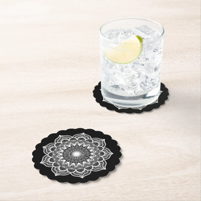 White Mandala on Black Background Paper Coaster (Insitu)