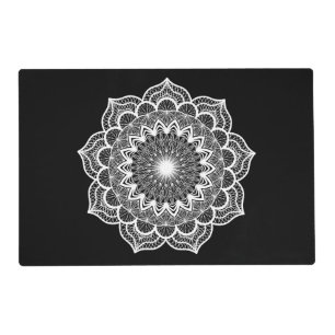 White Mandala on Black Background Placemat
