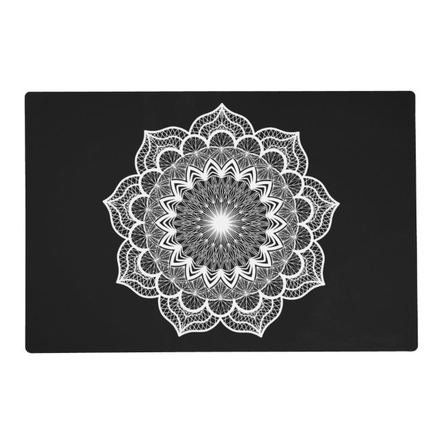 White Mandala on Black Background Placemat (Front)