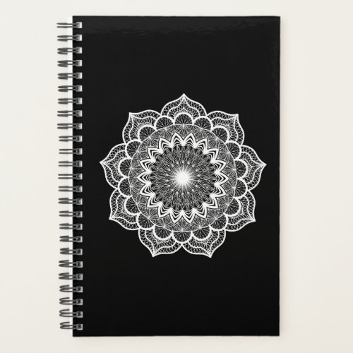 White Mandala on Black Background Planner