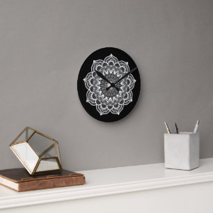 White Mandala on Black Background Round Clock