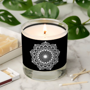 White Mandala on Black Background Scented Candle