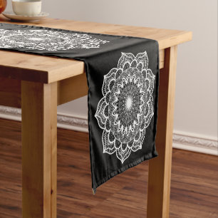 White Mandala on Black Background Short Table Runner