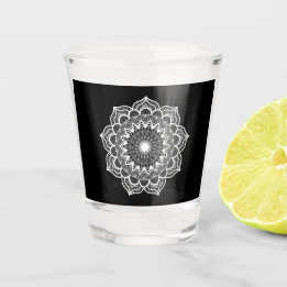 White Mandala on Black Background Shot Glass
