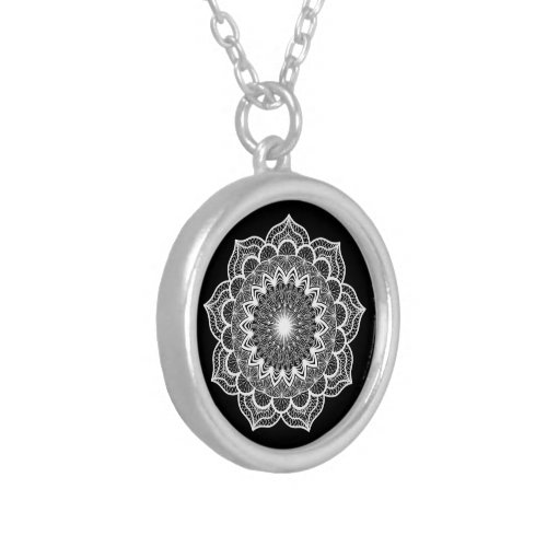 White Mandala on Black Background Silver Plated Necklace