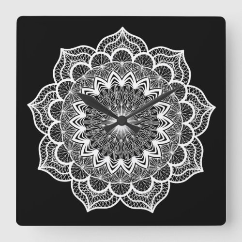White Mandala on Black Background Square Wall Clock